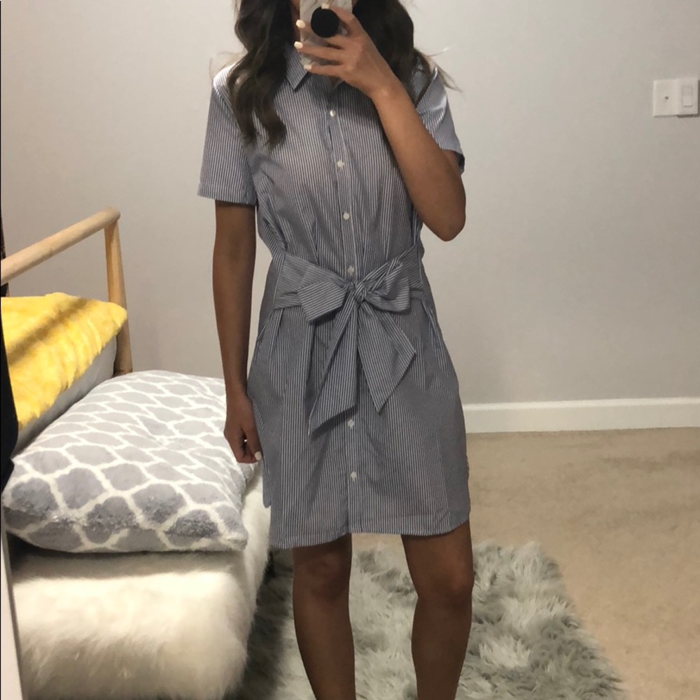 Wrap Collar Stripe Button Up Dress.